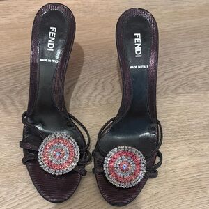 Fendi Black and Red Stiletto Heels with Decorative Medallions